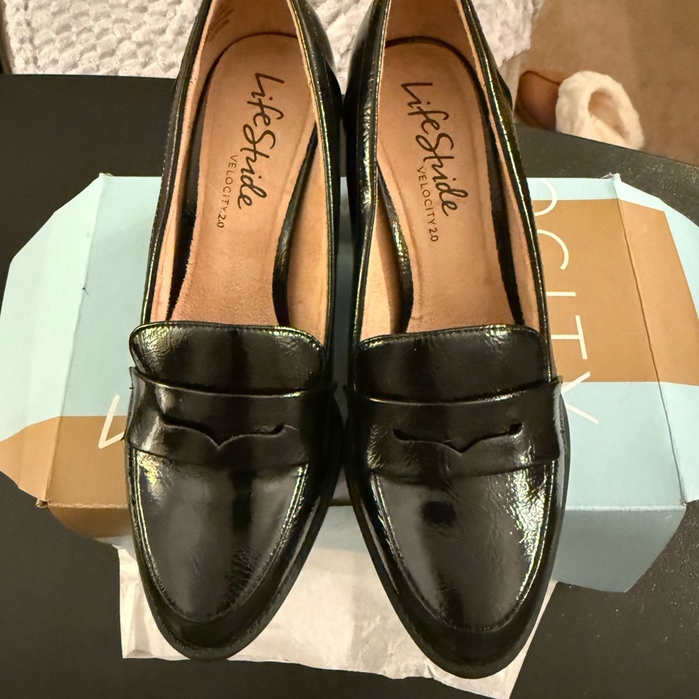 Velocity Black Patent Leather Penny Loafers for Women